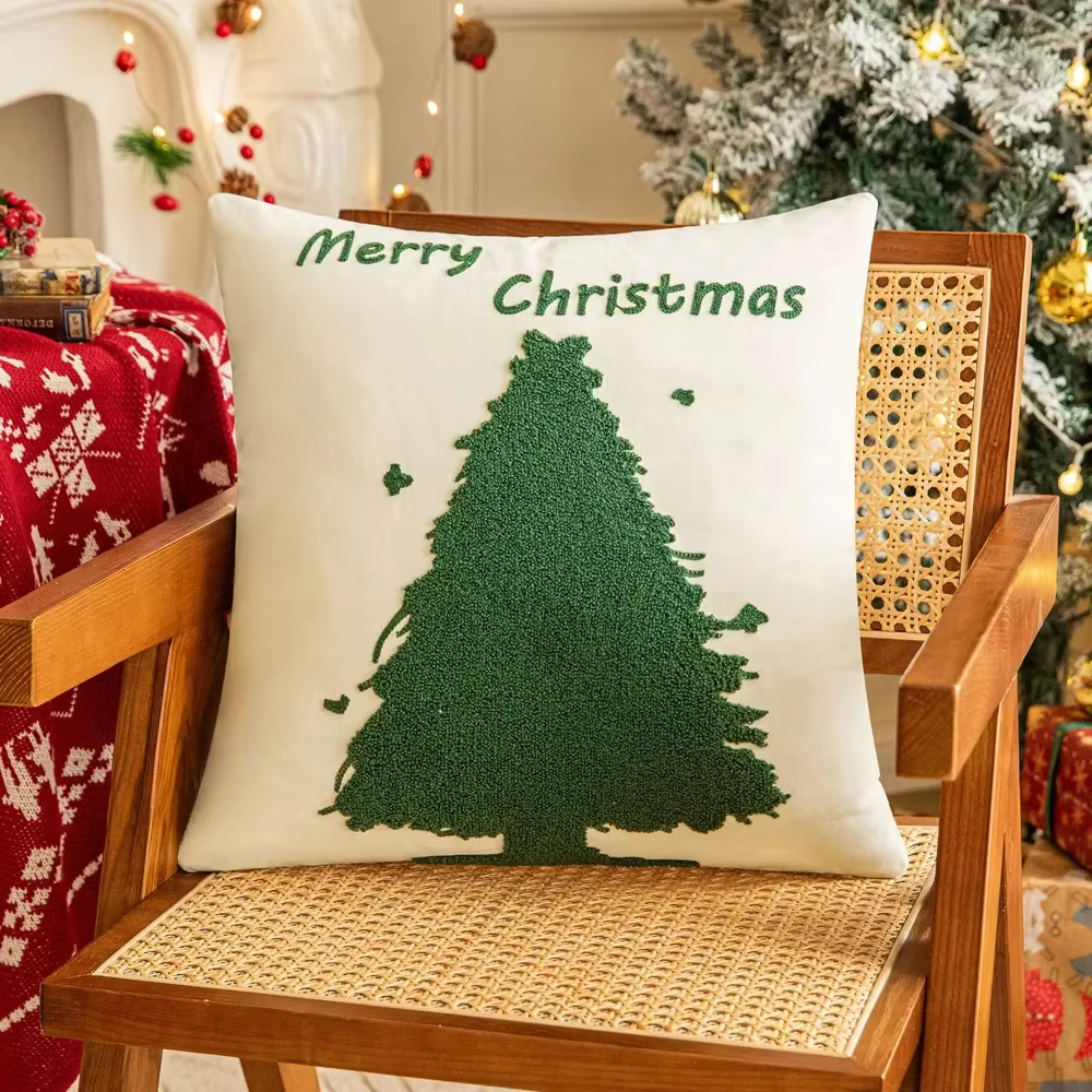 Juste de coussin brodée d'arbre de Noël pour les festivals, dessin animé, décoration d'intérieur, ca