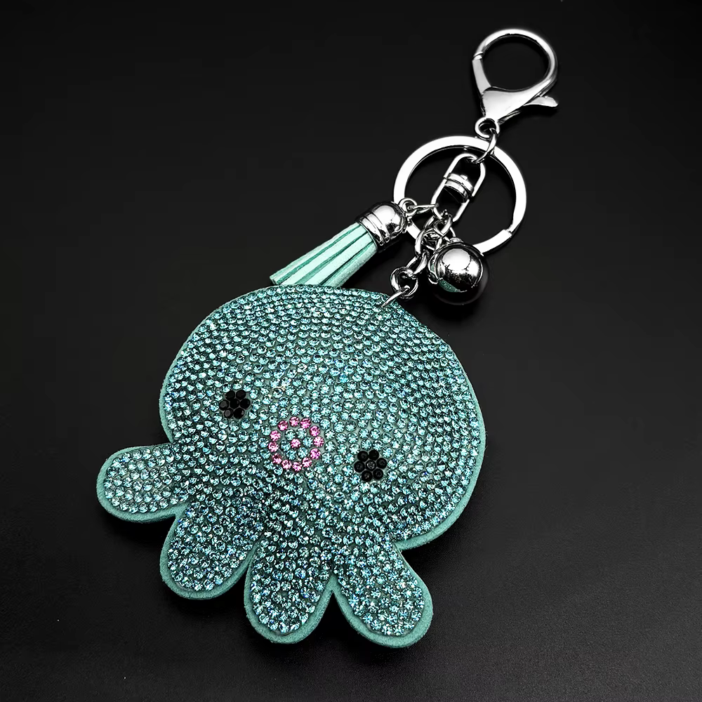 Porte-clés Pieuvre Mignonne pour Femmes et Filles, Breloque de Sac Scintillante avec Pompon, Anneau 