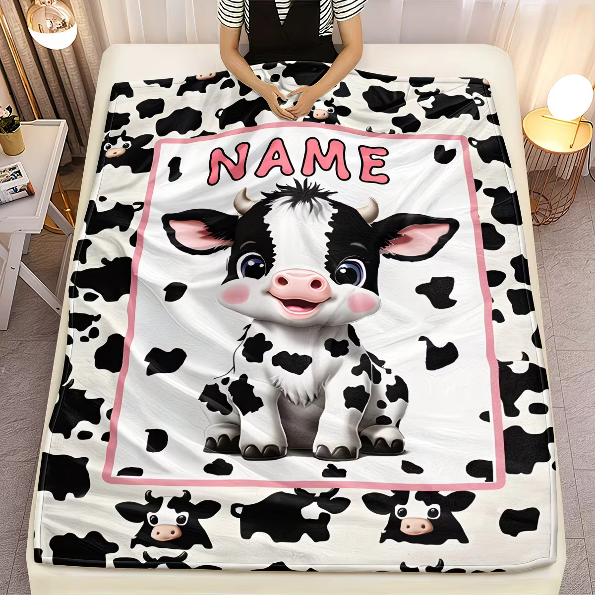 Couverture personnalisée et personnalisable avec nom/texte, motif vache de dessin animé mignon, légè
