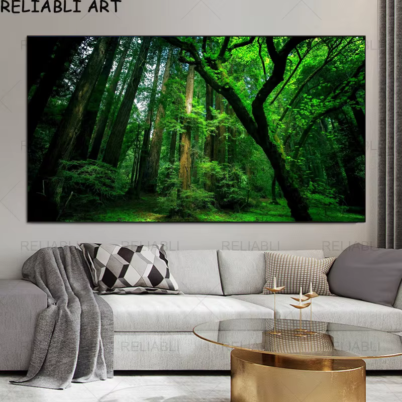 Affiches et impressions de paysage naturel d'arbre vert de forêt, peinture sur toile moderne, image 