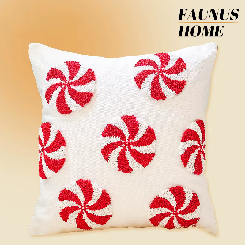 Juste de coussin touffetée de Noël rouge et blanc, dessin animé 3D, chapeau de bonbon, housses d'ore