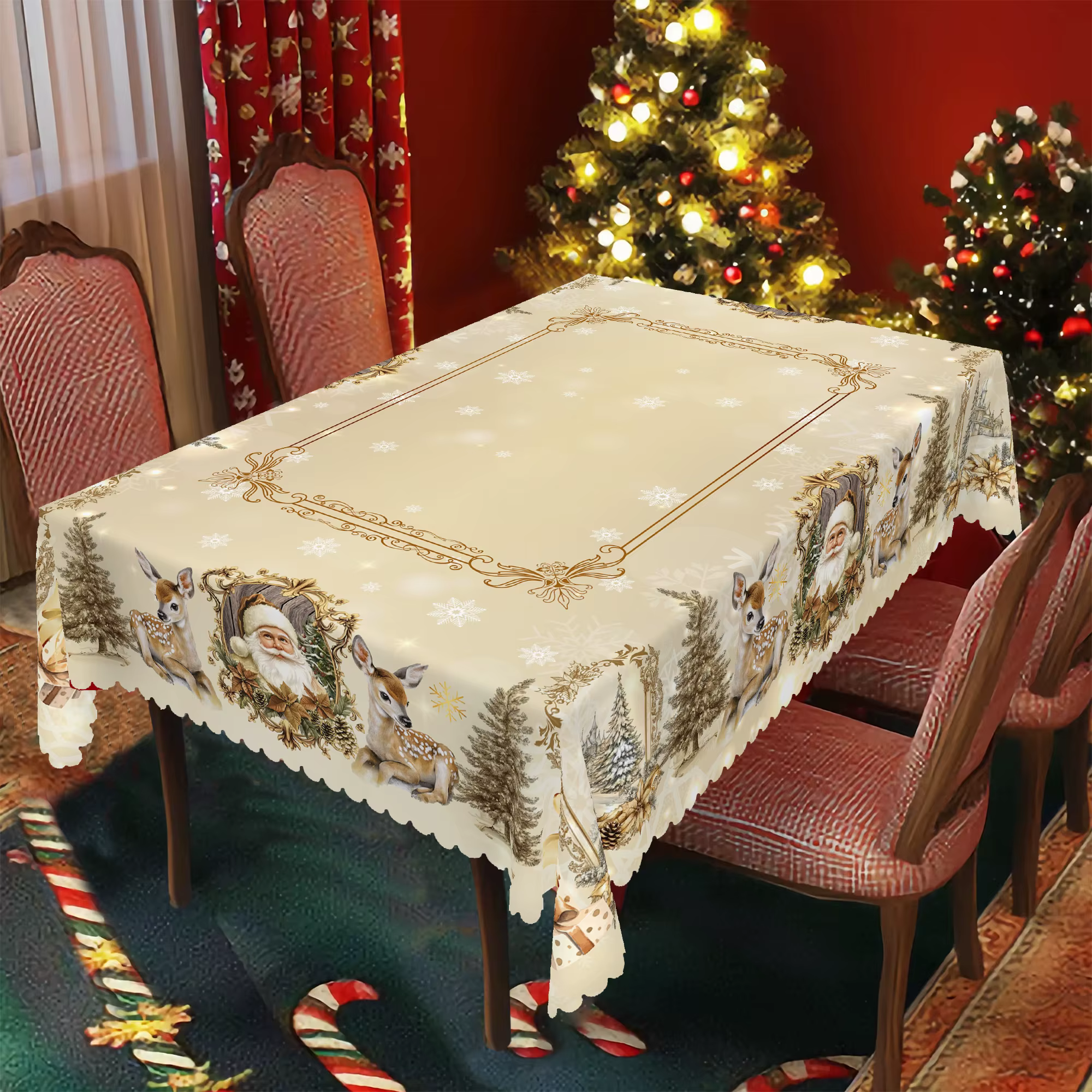 Nappe ronde et rectangulaire de Noël 1 pièce, différentes tailles, motif imprimé d’élan du Père Noël
