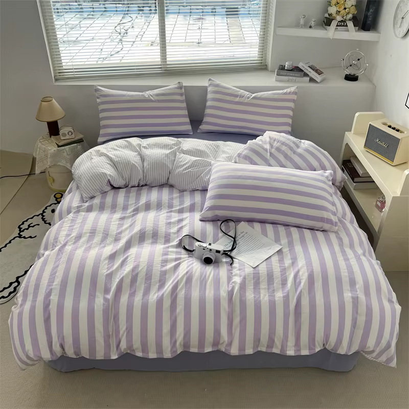 Ensemble de housse de couette en coton lavé, Style rayé, ensemble de literie avec housse de couette,