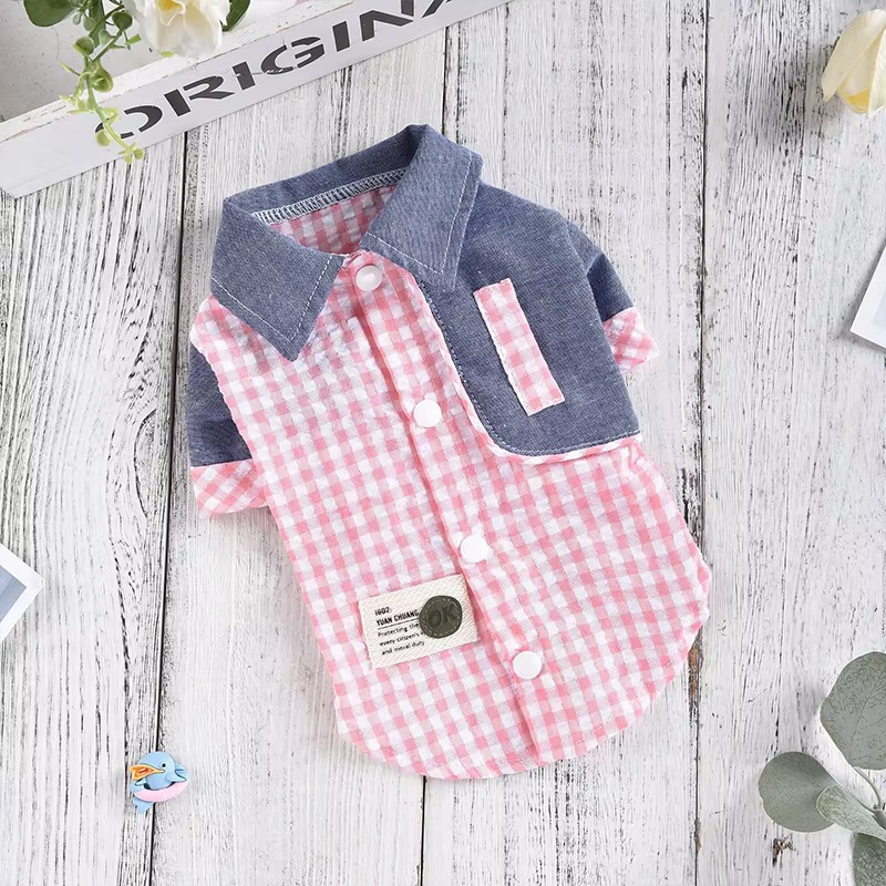 Puppy Plaid Color Blocked Fashionable Lapel Shirt Small Medium Dogs Breathable T-shirt For Spring Su
