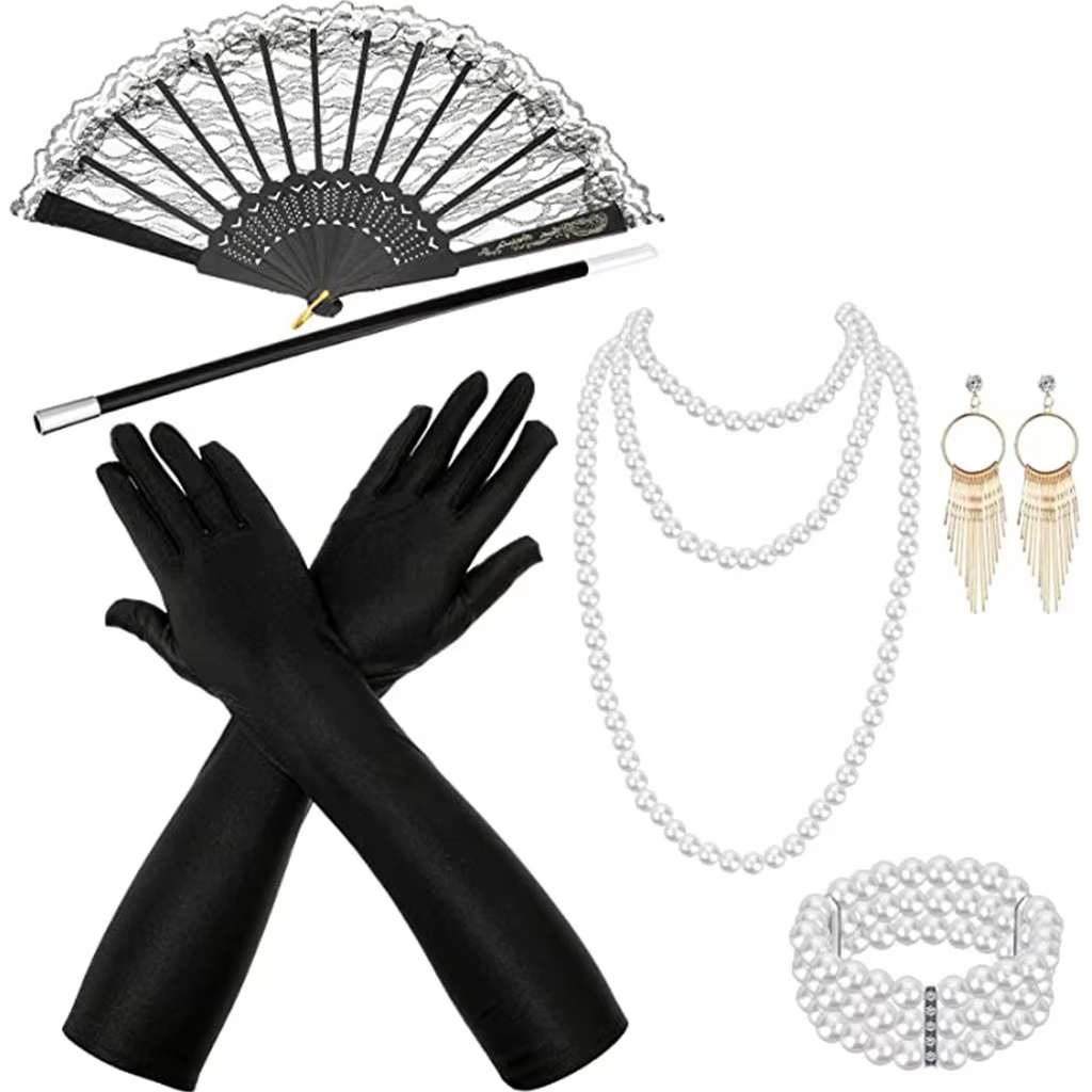 Ensemble d'accessoires de costume Flapper Gatsby des années 1920 avec bandeau à plumes, collier de p