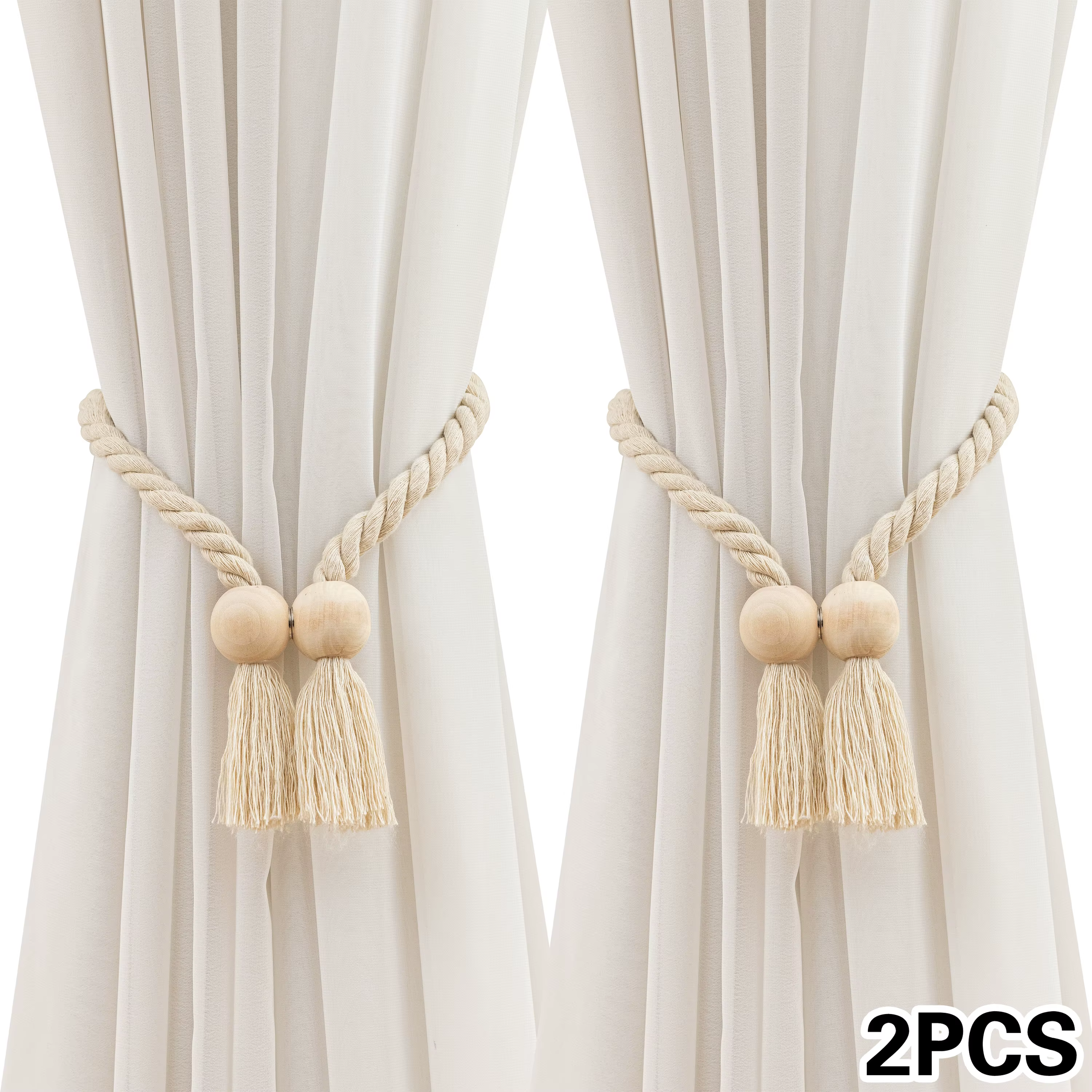 2 attaches de rideaux conçues en perles de bois, perles en bois bohème associées à un design de pomp
