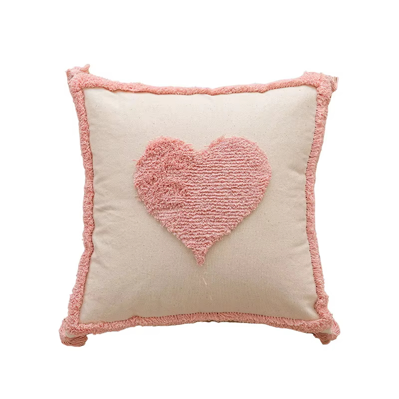 Housse de coussin capitonnée en coton rose avec glands, taie d'oreiller décorative douce pour canapé