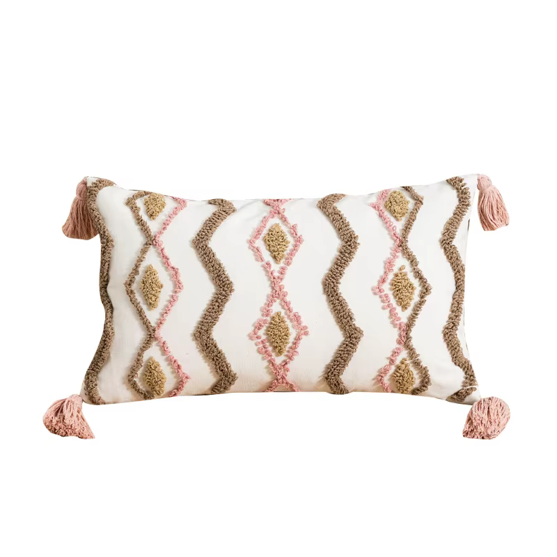 Juste de coussin à pompons marocains, taie d'oreiller, géométrique, diamant, tufté, rose, café, colo
