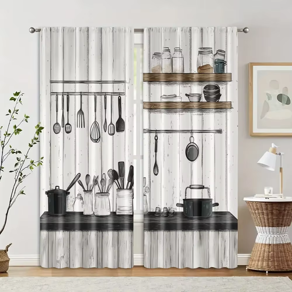 VIKAMA rétro cuisine ustensile rideau noir blanc bois Grain motif occultant maison cuisine fenêtre d