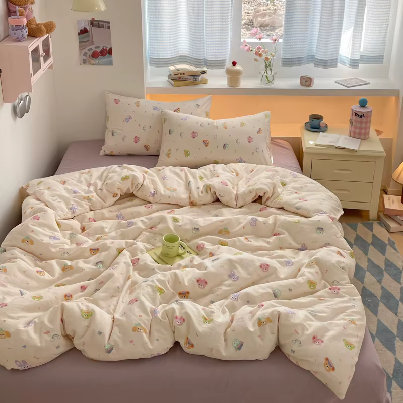 Parure de lit 100% coton, ensemble de housse de couette avec animaux mignons, linge de lit, draps pl
