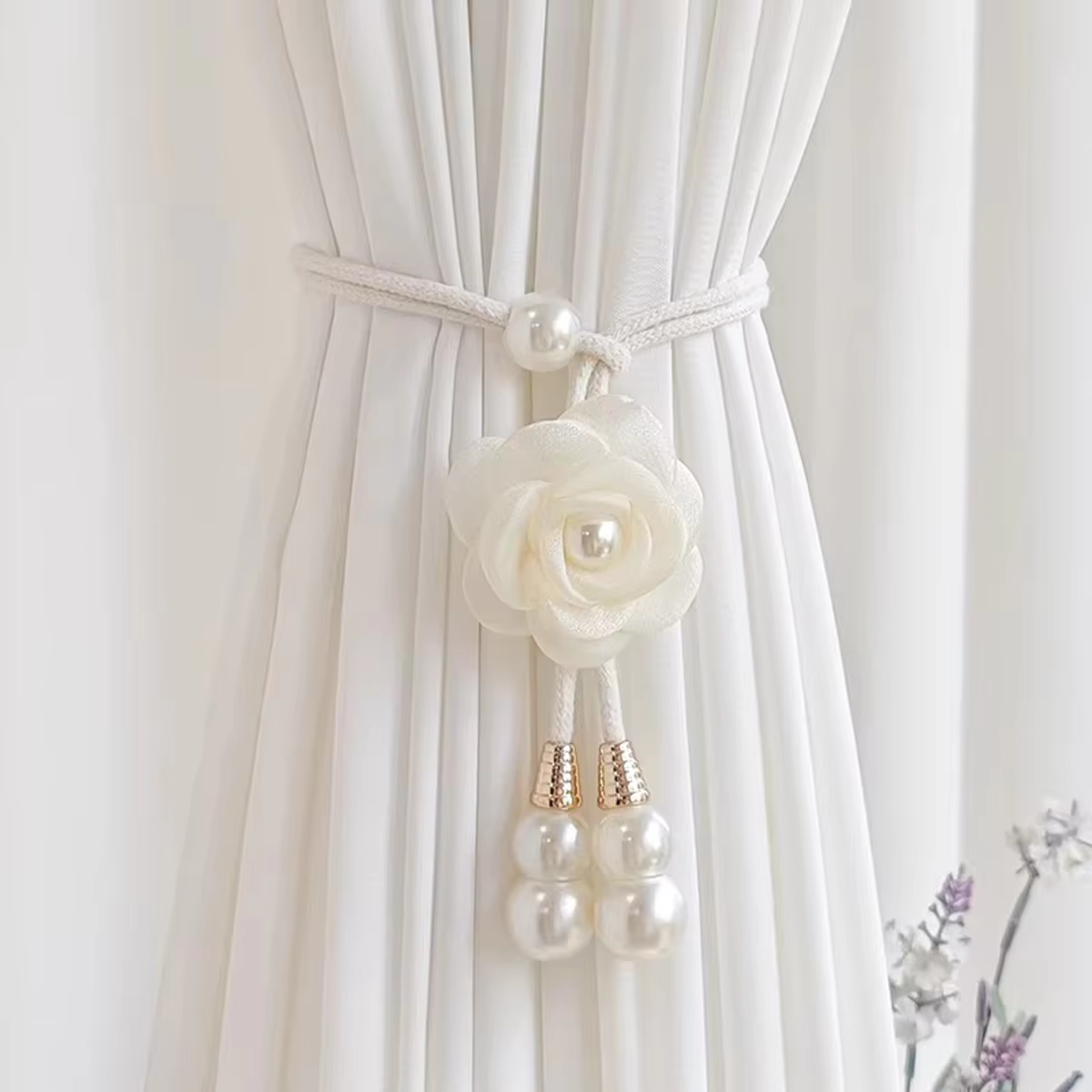 Attache de rideau élégante en perles roses, 1 paire de supports de rideau en tissu beige de luxe ave