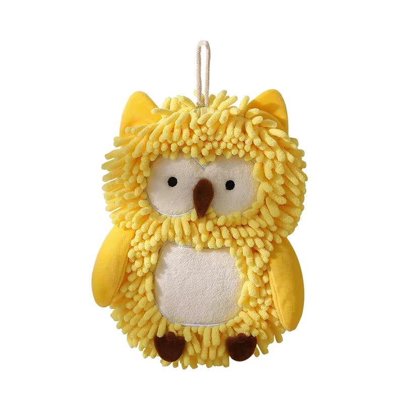 Serviette à main en chenille hibou de dessin animé avec boules duveteuses, serviettes suspendues dou