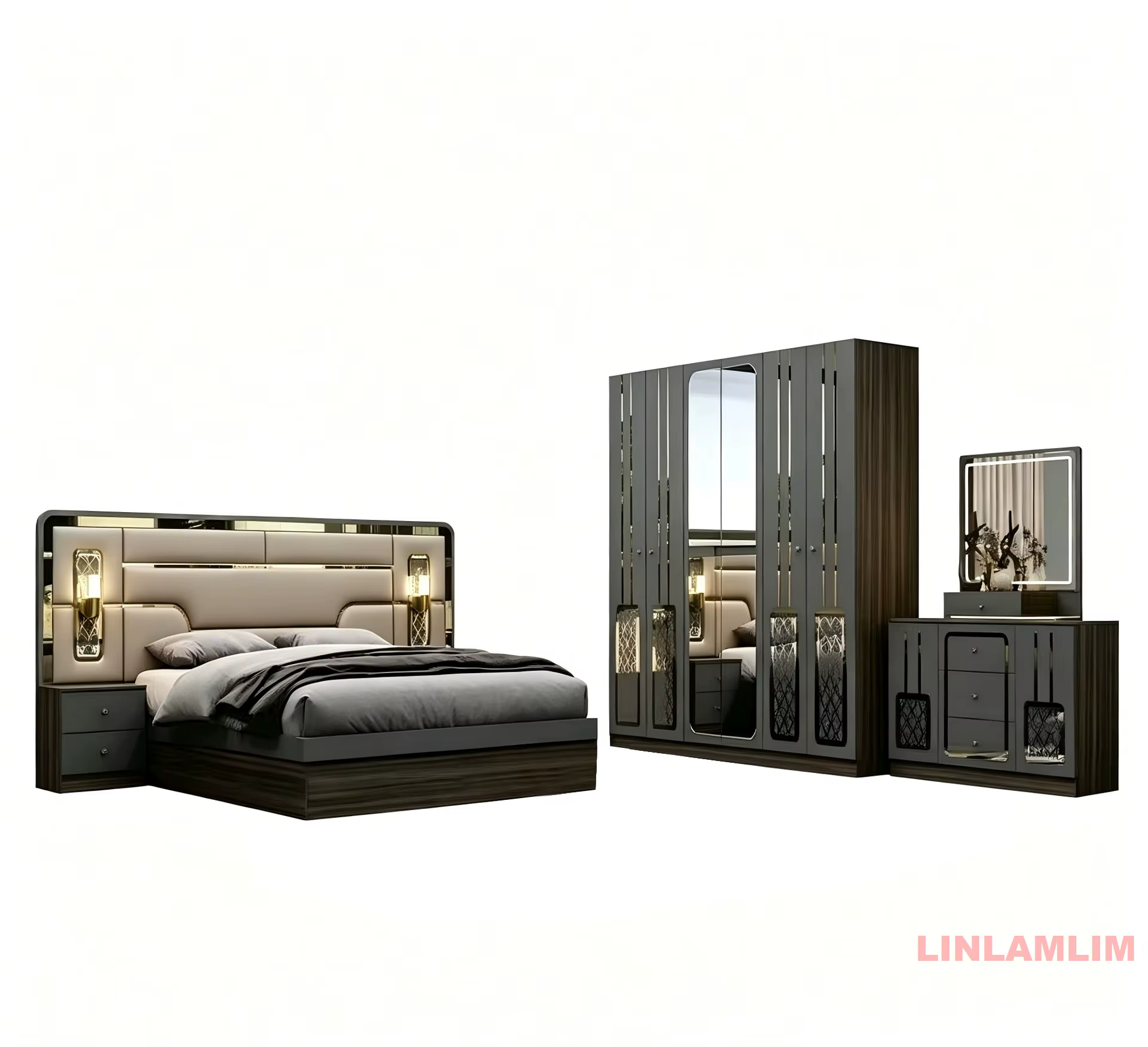 Ensemble de chambre à coucher de style turc MINBDIBAO – Lit king-size avec tête de lit rembourrée, t