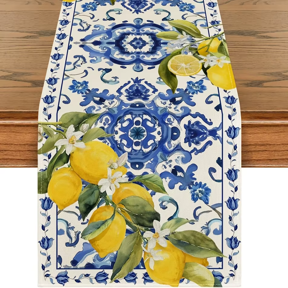 Chemin de table en lin motif citron d'été et carreaux de porcelaine bleus et blancs, lavable, pour l