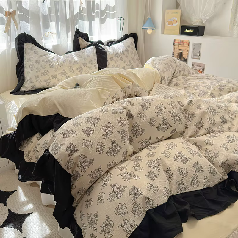 Ensemble de literie de style romantique français, housse de couette princesse, coton lavé, housse de