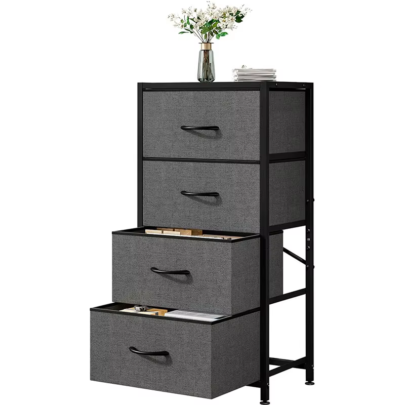 Commode à 4 tiroirs, commode avec plateau en bois et cadre en acier, tiroirs de rangement pour chamb