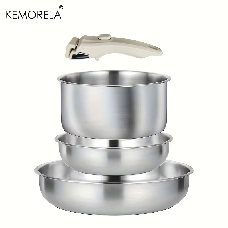 Ensemble de 4 ustensiles de cuisine en acier inoxydable - Poêles et casseroles à poignée amovible, g