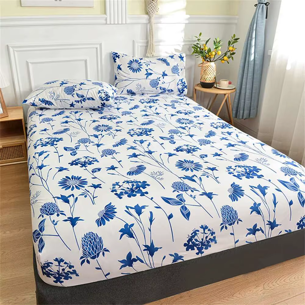 Drap-housse à fleurs bleues – Housse de matelas imprimée réactive Twin/Queen/King Size avec bords él