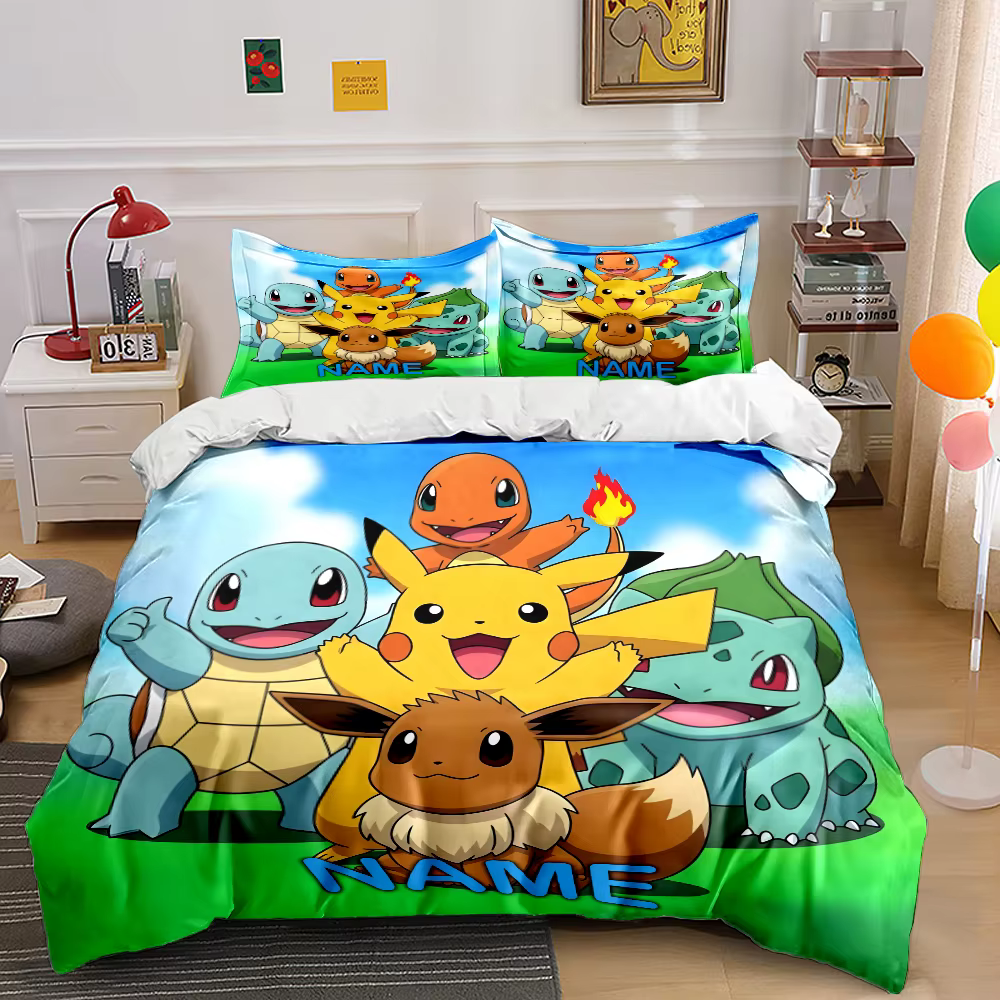 Ensemble de literie personnalisé avec imprimé de dessins animés Pokémon, 3 pièces, housse de couette