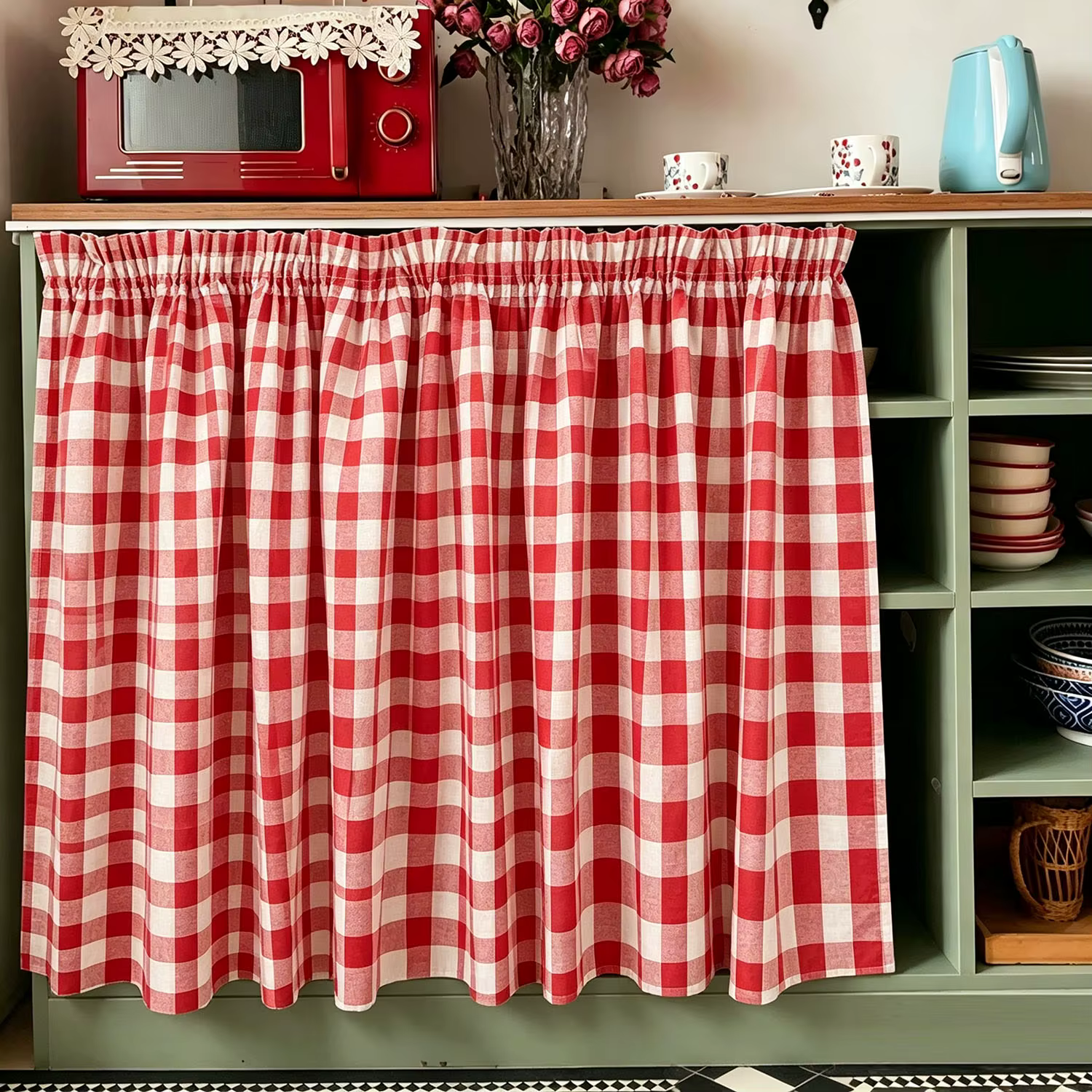 Rideaux à carreaux rouges avec bande plissée, rideau de style campagnard pour cuisine, armoires, cou