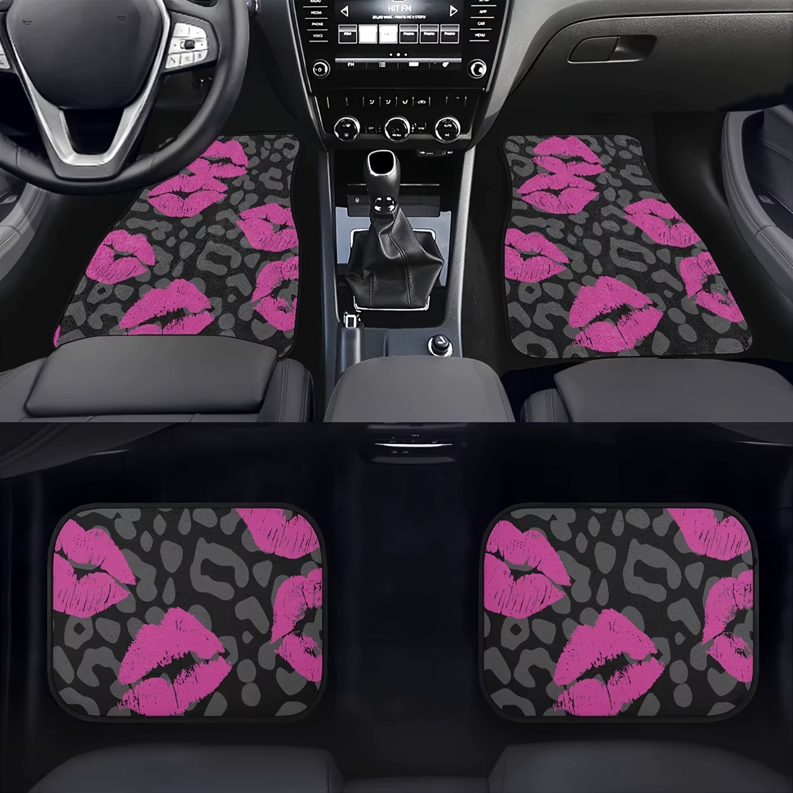 Un ensemble de quatre tapis de voiture adaptés à tous les types de véhicules, avec des lèvres roses 