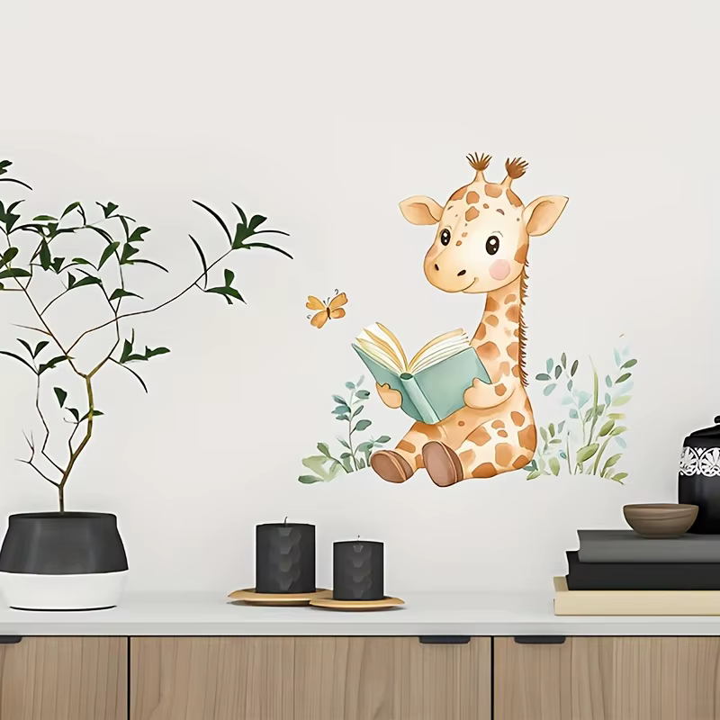 Autocollant mural de dessin animé mignon en forme de girafe, idéal pour la décoration de livres dans