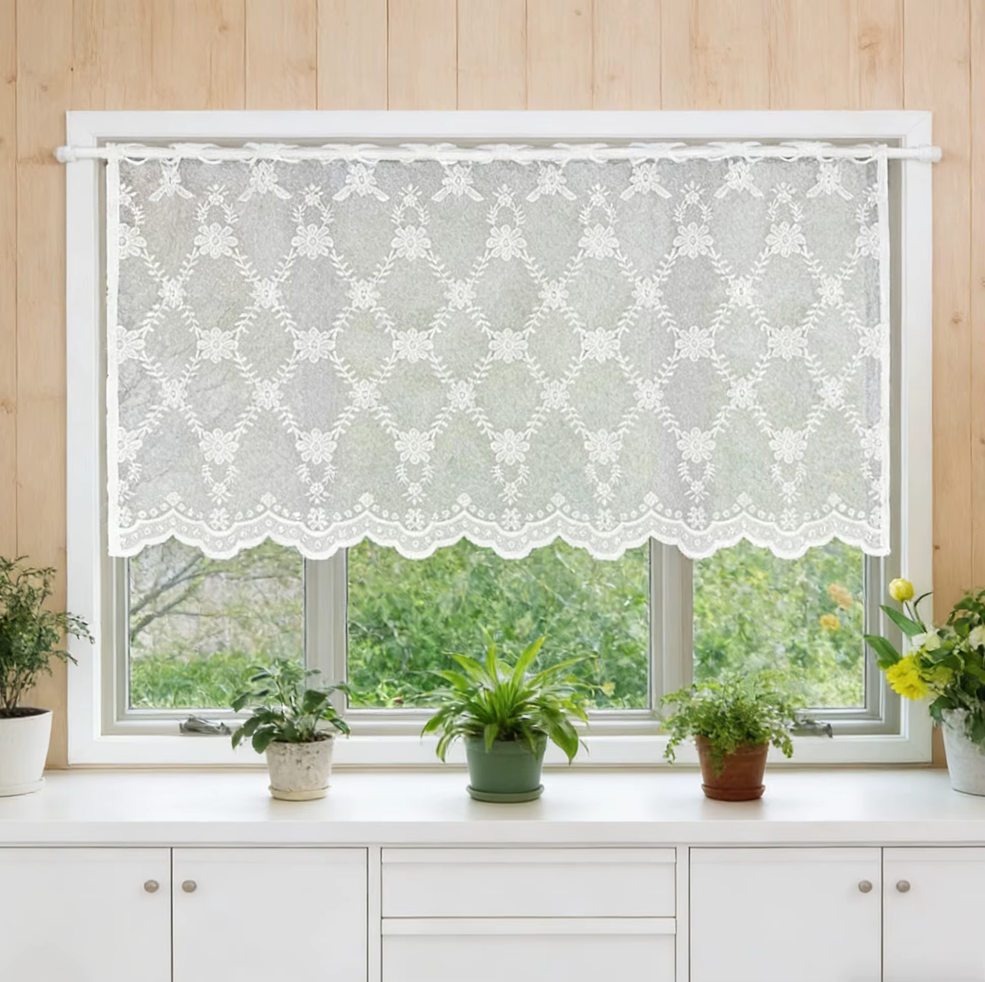 1 pièce Rideau court en dentelle à motif losanges, style champêtre, avec bordure ondulée, pour cuisi