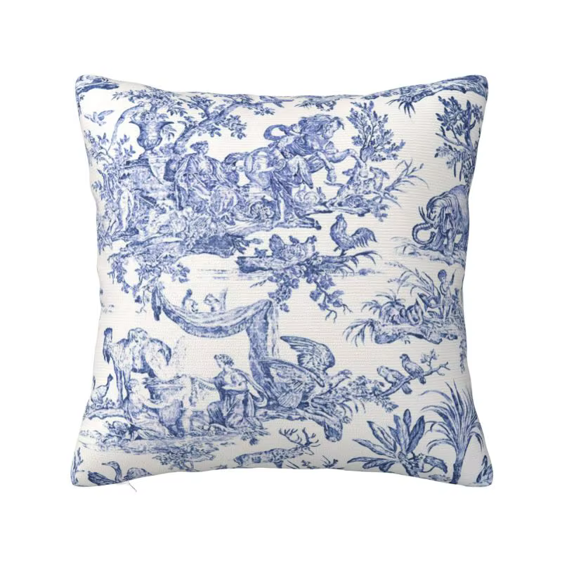 Housse De coussin carrée personnalisée bleu marine Toile De Jouy, décoration 3D imprimée sur deux cô