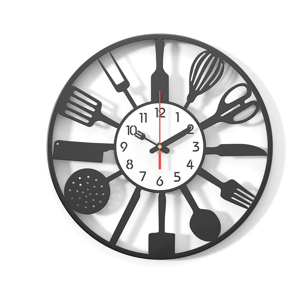 Horloge murale de cuisine de 15,8 pouces, horloge silencieuse créative en fer, design unique, outil 