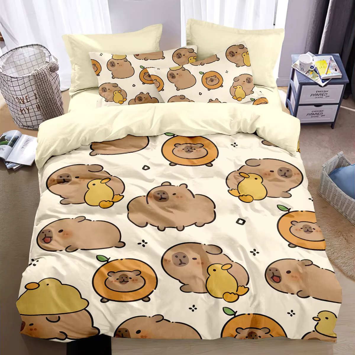 Housse de couette Capybaras mignonne de dessin animé, housse de couette et taie d'oreiller imprimée 