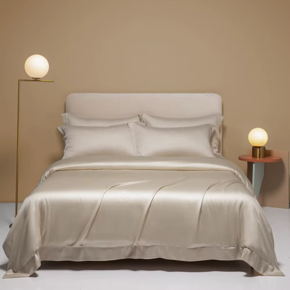 Parure de lit Lanlika pour femme en soie naturelle 100 %, couleur unie camel, pour lit Queen et King