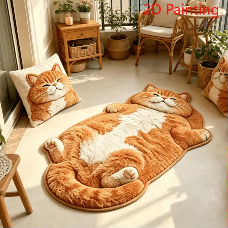 Tapis en forme de chat orange paresseux, ambiance ludique, décoration créative de la maison, tapis e