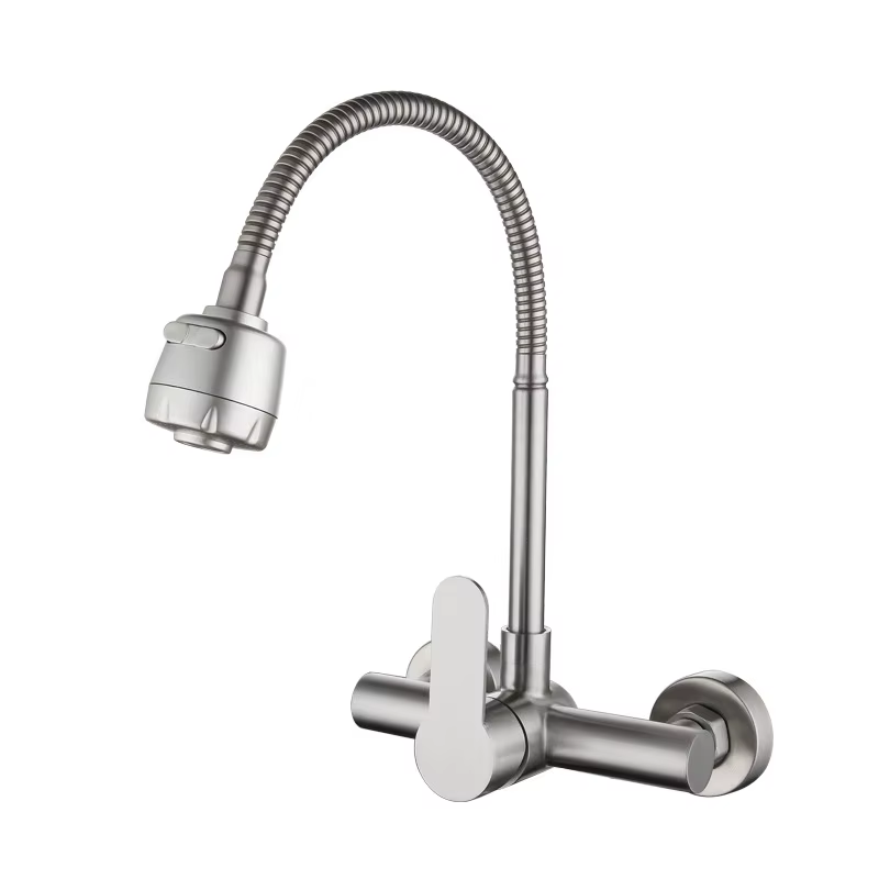 Robinet de cuisine mural noir brossé, 2 modes de pulvérisation, mitigeur eau chaude et froide avec r