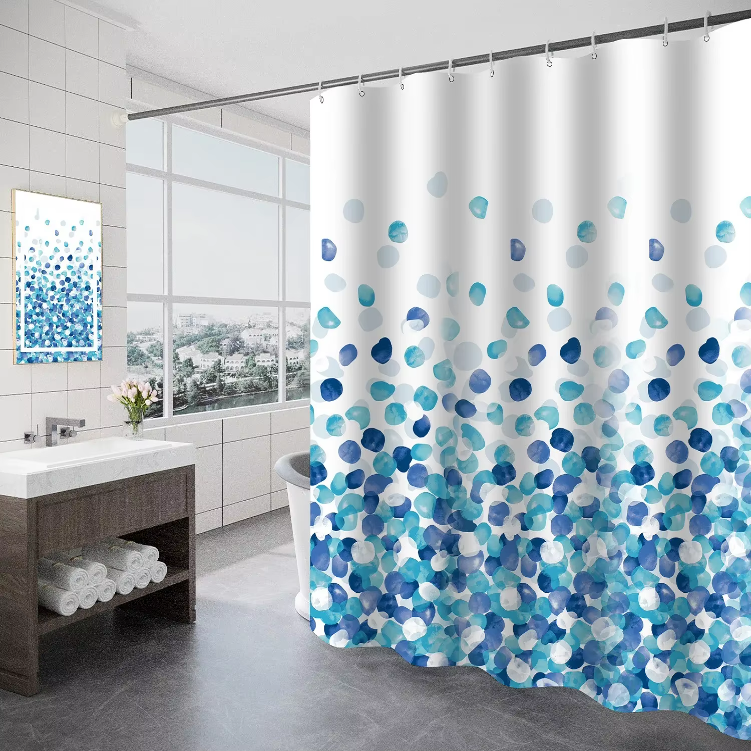 Rideaux de douche 180 cm bleu et blanc à imprimé floral pour salle de bain, imperméables, style mode