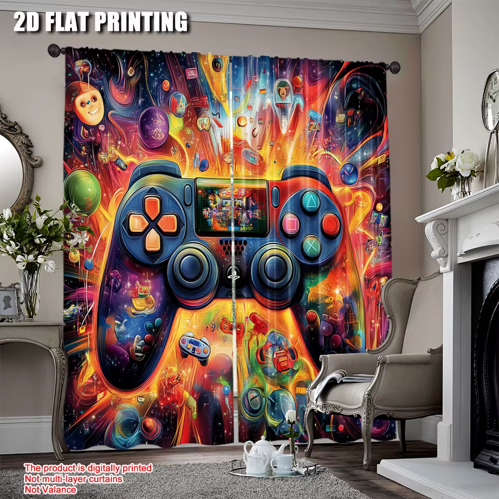 Rideaux de salle de jeux satisfaisants, 2 pièces, thème de jeux vidéo, décor coloré, salle de jeux, 
