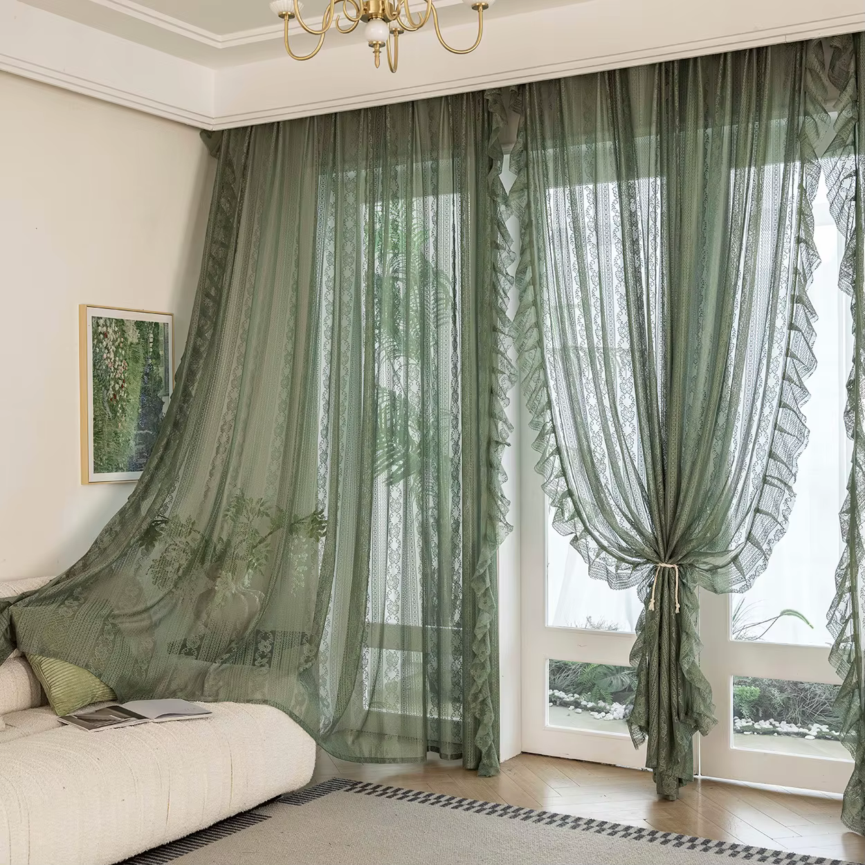 1 rideau transparent vert brodé avec bordure à double volant, dentelle florale rayée, voile filtrant