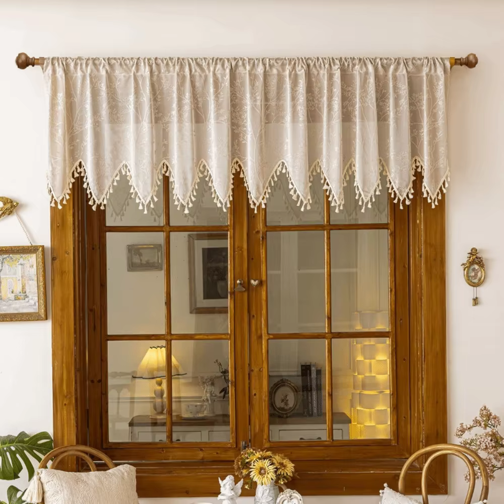Rideaux de fenêtre en tulle style rustique pour l'été, avec bordure triangulaire à franges, en dente
