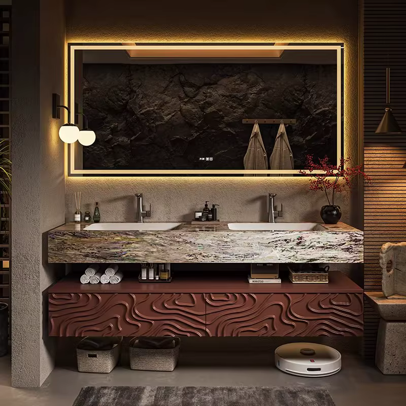 Meuble-lavabo de salle de bain sur mesure en bois massif sculpté avec comptoir et lavabo en marbre n