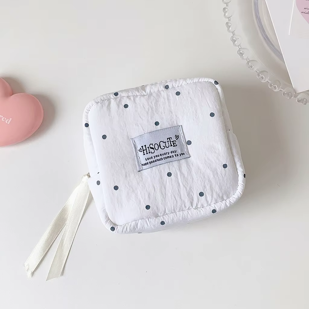 Organisateur de serviettes hygiéniques, sac de rangement léger carré à pois, trousse de maquillage c