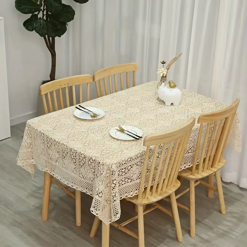 Ensemble de table vintage au crochet, nappe en dentelle de style pastoral avec fleurs à quatre feuil