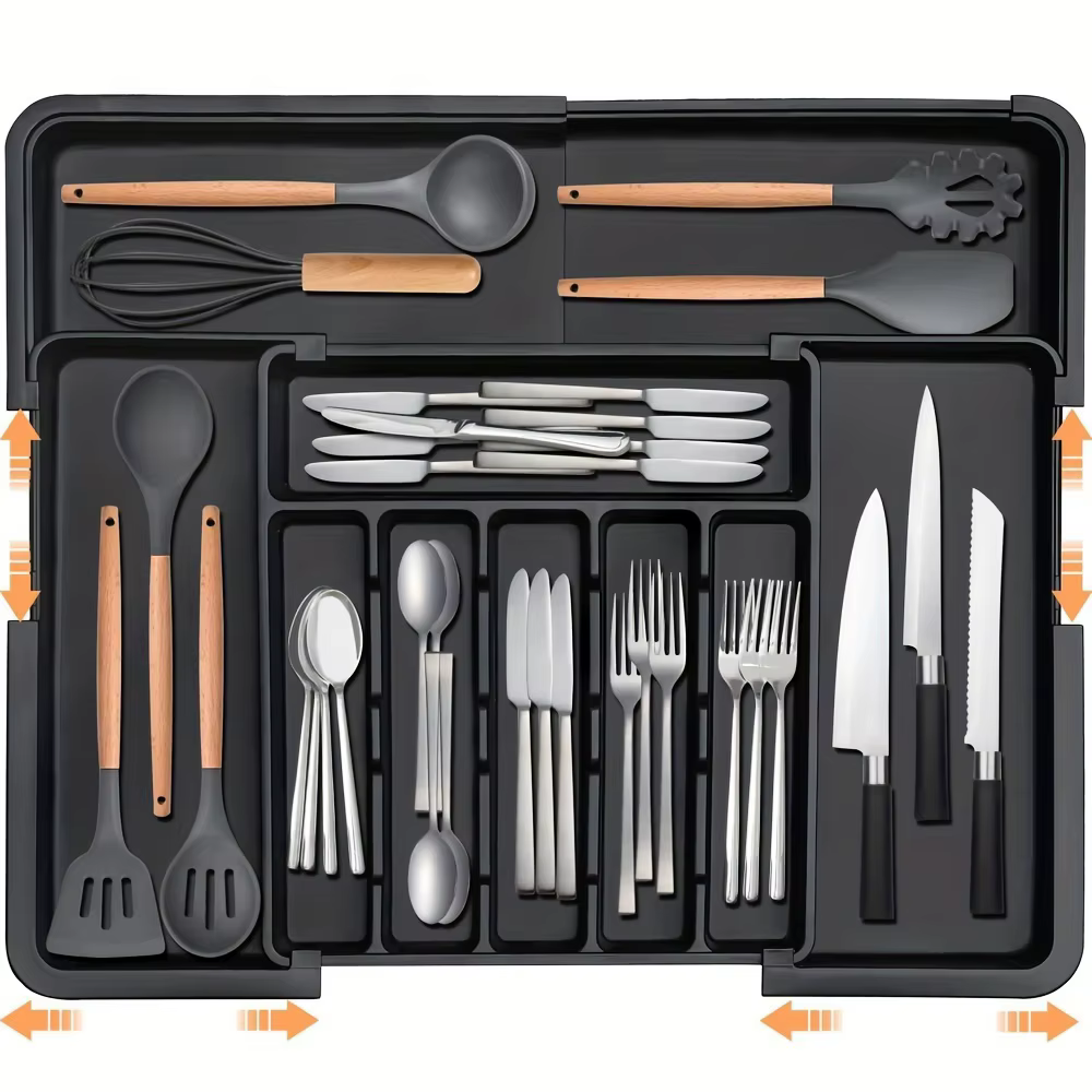 Organisateur de tiroir de cuisine extensible noir avec 9 compartiments, grande boîte de rangement po