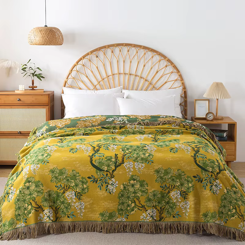 Couvre-lit en coton et mousseline avec pompon, couverture de sieste, couette, serviette, canapé, dou