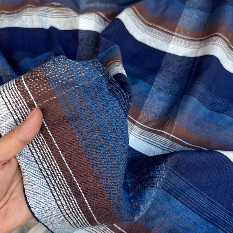 Tissu bohème à carreaux en coton et lin, mélange bleu marron, ourlet irrégulier, chemise, robe, maté