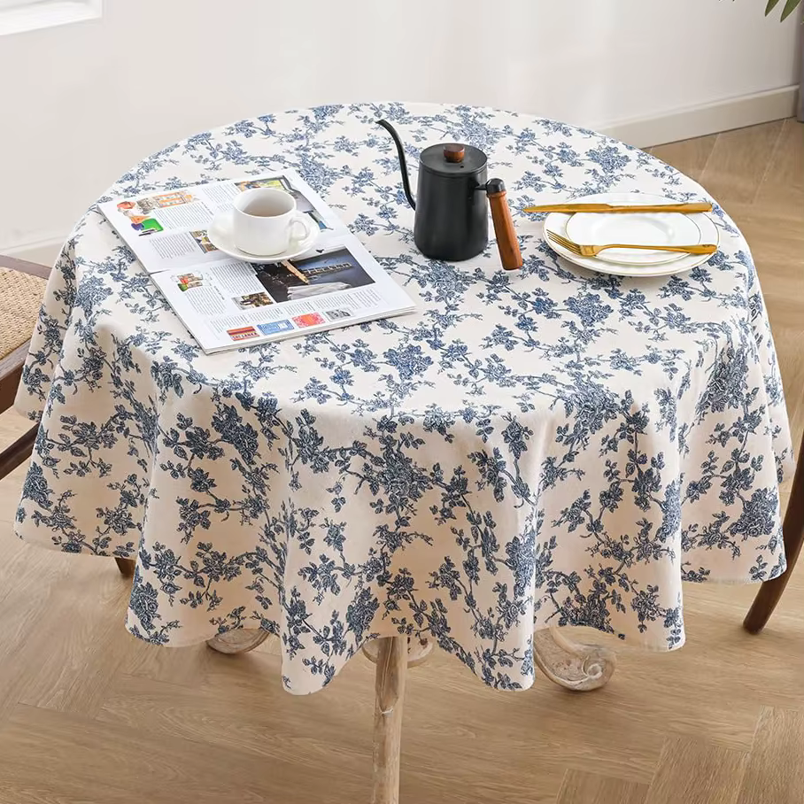Nappe en coton et lin à fleurs avec pompon, nappe rétro, couverture de Table ronde pour Table à mang