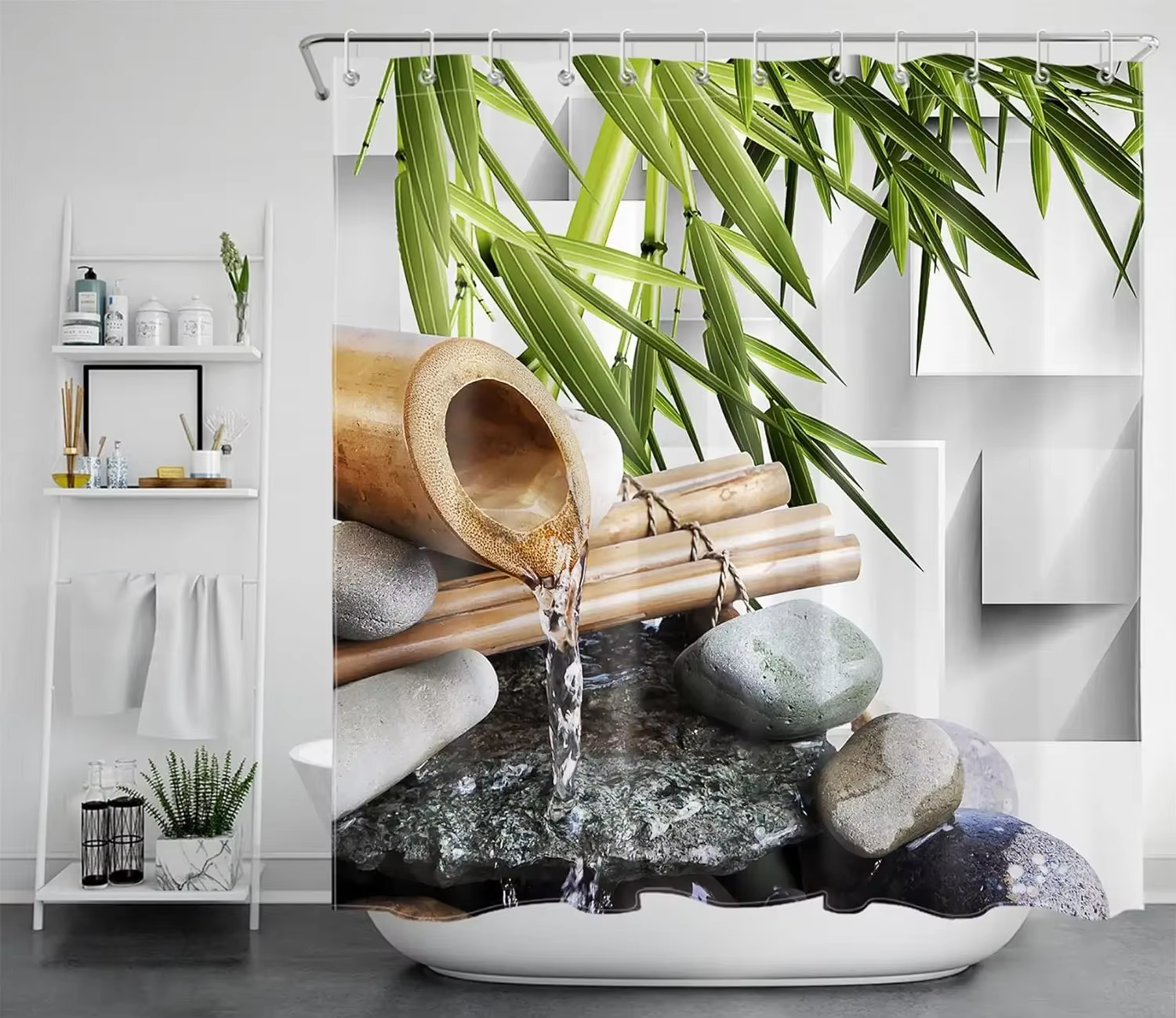 Rideau de douche Zen en bambou sans cadre, pierre de forêt naturelle verte, bougie de Spa, forêt tro