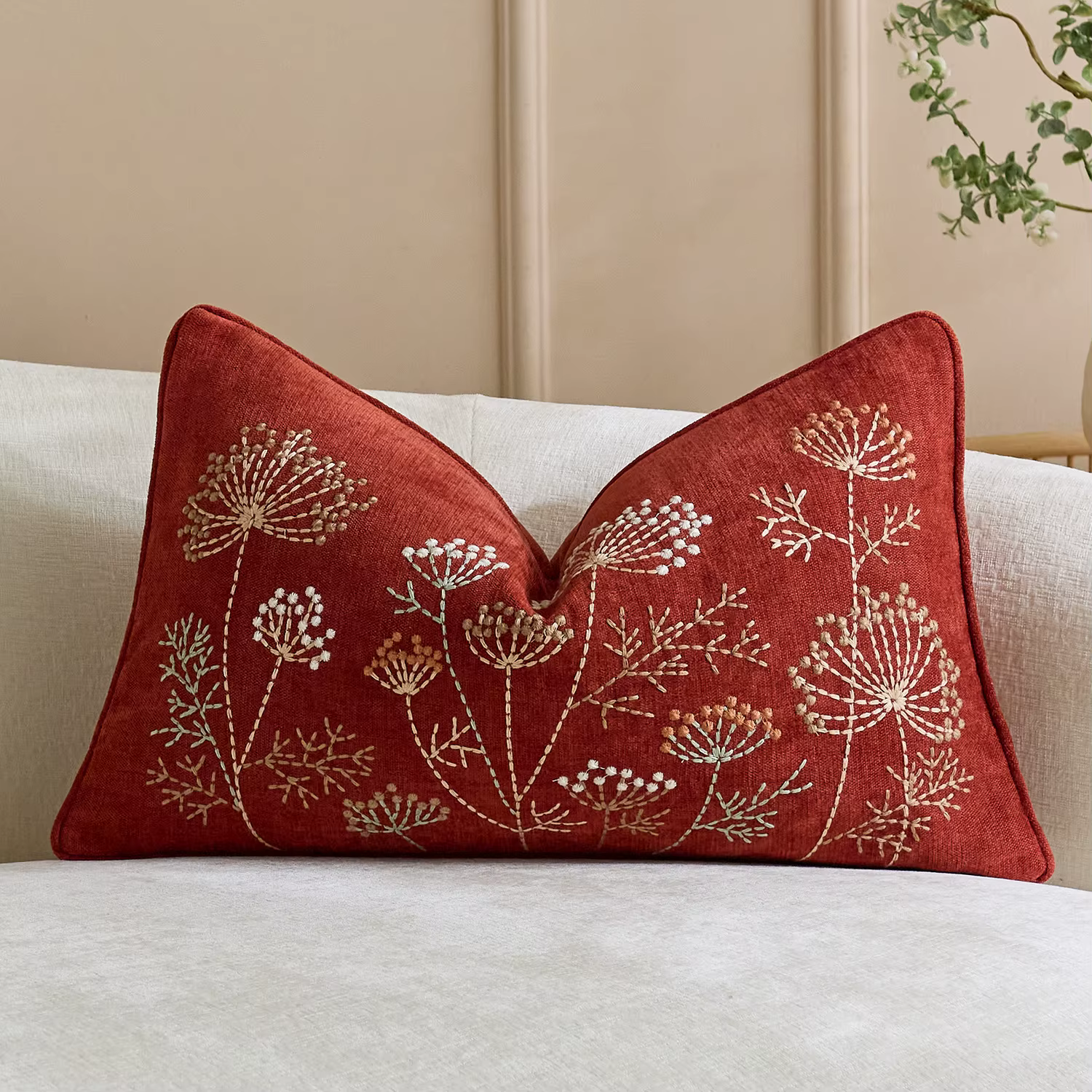 Housse de coussin Cottagecore rustique faite à la main avec broderie florale, housse de coussin déco