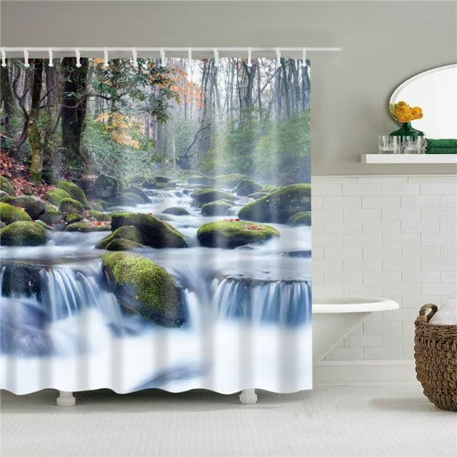 Rideau de douche imperméable en polyester, motif forêt naturelle et paysage d'arbres, pour salle de 