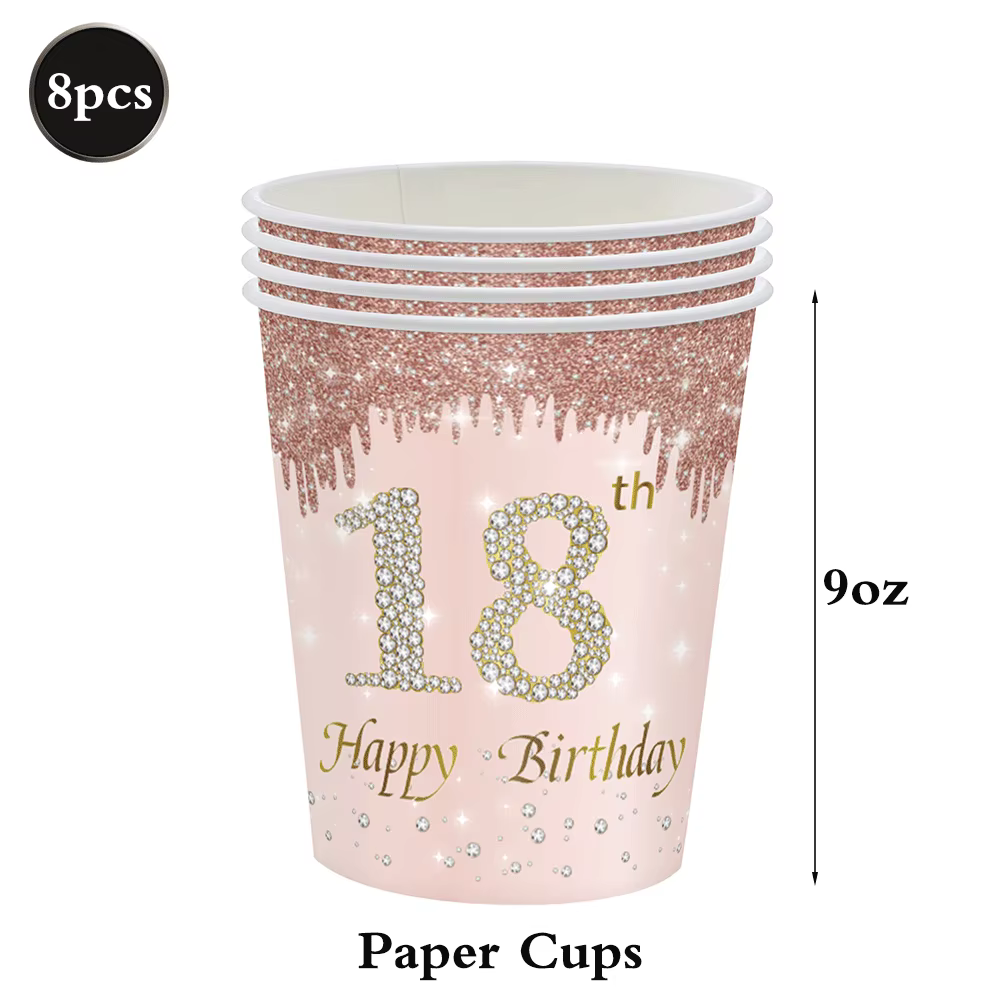 Décorations pour le 18e anniversaire des filles, assiettes, serviettes, gobelets, nappe en or rose, 