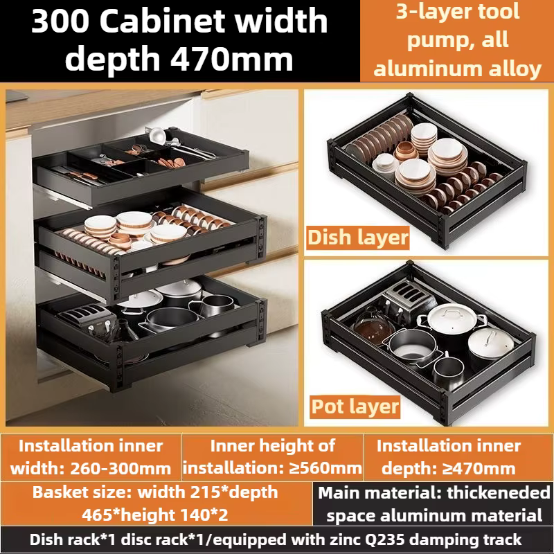 Armoire de cuisine à 3 niveaux, rangement en alliage d'aluminium, bol coulissant, panier, étagères, 