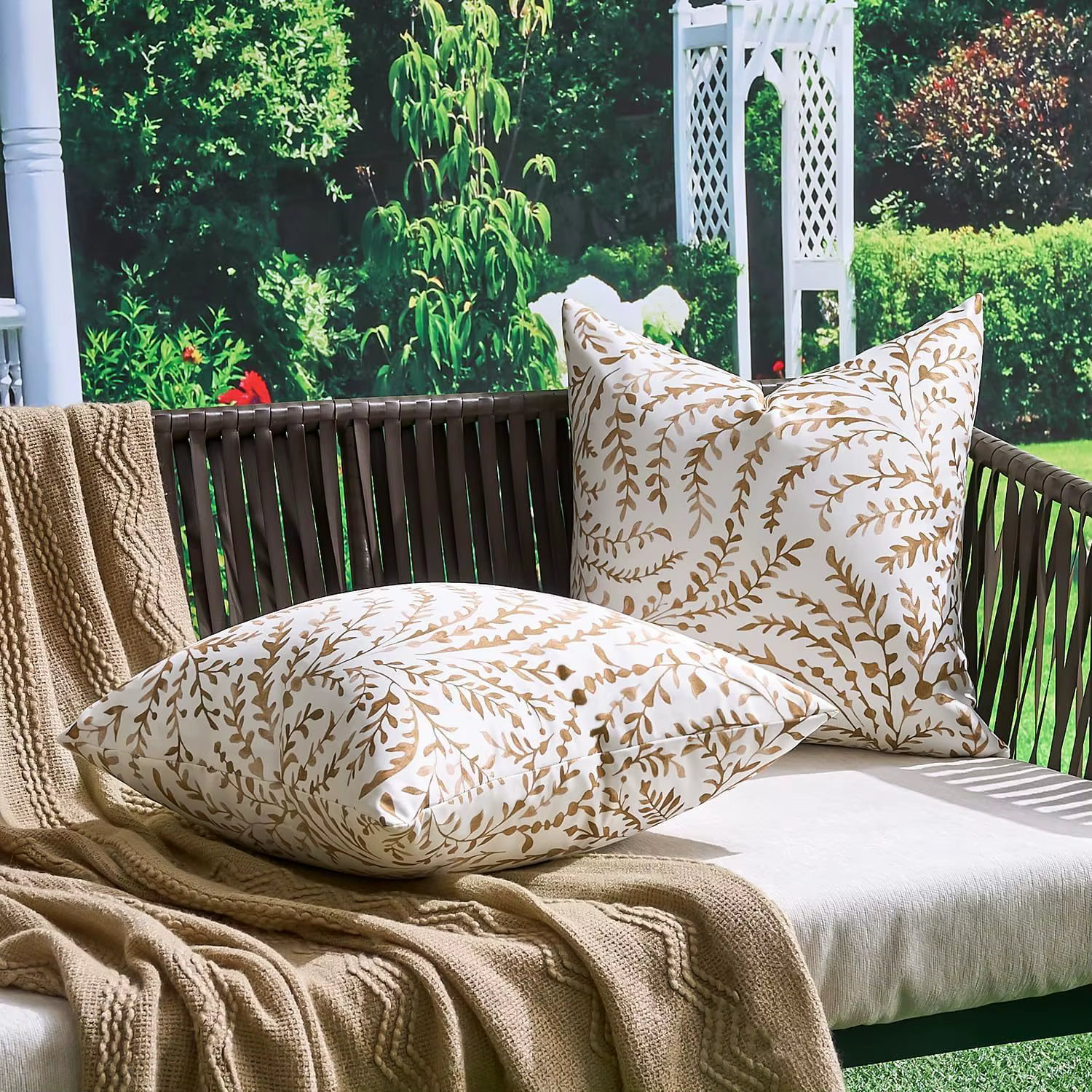 Lot de 2 housses de coussin imperméables pour extérieur, motif végétal vintage, avec revêtement impe